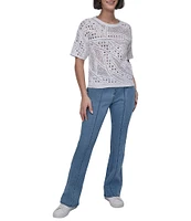 DKNY By Donna Karan Cotton Crochet Crew Neck Short Sleeve Top