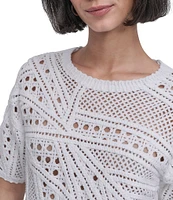 DKNY By Donna Karan Cotton Crochet Crew Neck Short Sleeve Top