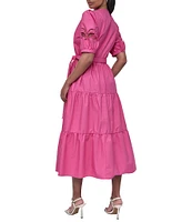 DKNY by Donna Karan Cotton Poplin Puff Sleeve Tiered Midi Wrap Dress