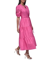 DKNY by Donna Karan Cotton Poplin Puff Sleeve Tiered Midi Wrap Dress