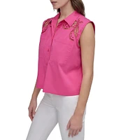 DKNY by Donna Karan Cotton Poplin Sleeveless Button Front Top