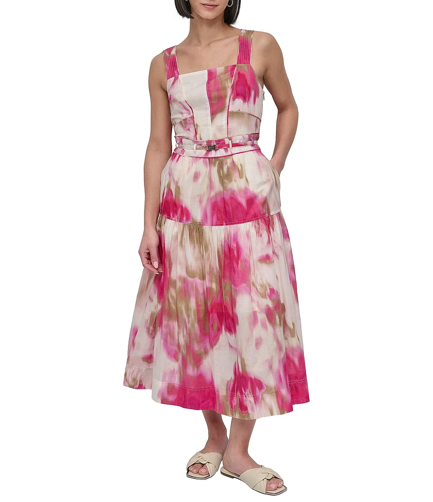 DKNY by Donna Karan Cotton Square Neck Sleeveless Belted Midi Dress