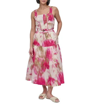 DKNY by Donna Karan Cotton Square Neck Sleeveless Belted Midi Dress