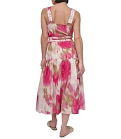 DKNY by Donna Karan Cotton Square Neck Sleeveless Belted Midi Dress