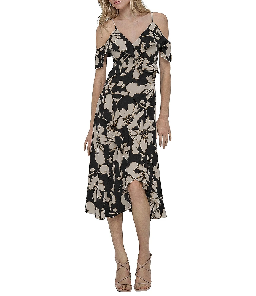 DKNY by Donna Karan Crepe Floral Print V Neck Sleeveless Ruffle Sheath Midi Dress
