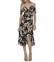 DKNY by Donna Karan Crepe Floral Print V Neck Sleeveless Ruffle Sheath Midi Dress
