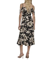 DKNY by Donna Karan Crepe Floral Print V Neck Sleeveless Ruffle Sheath Midi Dress