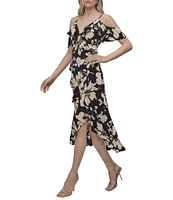 DKNY by Donna Karan Crepe Floral Print V Neck Sleeveless Ruffle Sheath Midi Dress