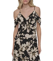 DKNY by Donna Karan Crepe Floral Print V Neck Sleeveless Ruffle Sheath Midi Dress