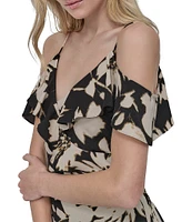 DKNY by Donna Karan Crepe Floral Print V Neck Sleeveless Ruffle Sheath Midi Dress