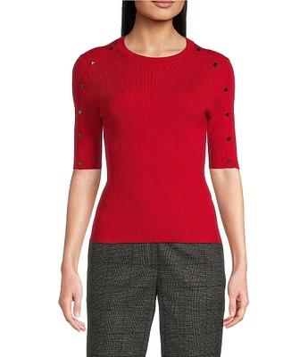 DKNY by Donna Karan Crew Neck 3/4 Sleeve Button Detailed Sweater Top