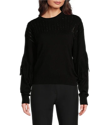 DKNY by Donna Karan Crew Neck Long Sleeve Fringe Knit Top