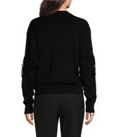 DKNY by Donna Karan Crew Neck Long Sleeve Fringe Knit Top