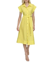 DKNY by Donna Karan Crinkle Point Collar Neck Short Sleeve Button Front Belted Shirt Midi Dress