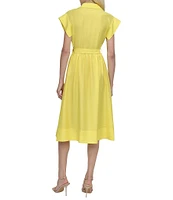 DKNY by Donna Karan Crinkle Point Collar Neck Short Sleeve Button Front Belted Shirt Midi Dress