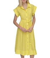 DKNY by Donna Karan Crinkle Point Collar Neck Short Sleeve Button Front Belted Shirt Midi Dress