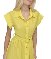 DKNY by Donna Karan Crinkle Point Collar Neck Short Sleeve Button Front Belted Shirt Midi Dress