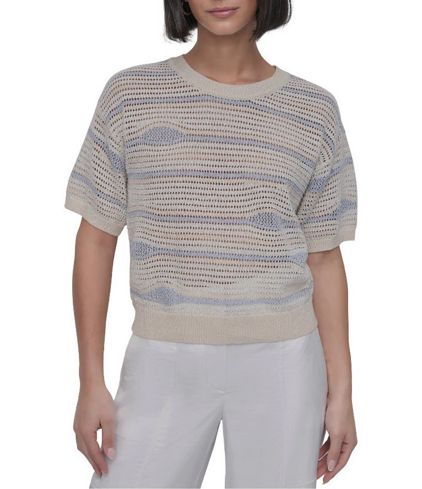 DKNY by Donna Karan Crochet Stripe Crew Neck Short Sleeve Top