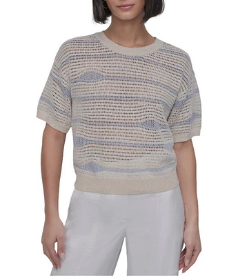DKNY by Donna Karan Crochet Stripe Crew Neck Short Sleeve Top
