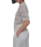 DKNY by Donna Karan Crochet Stripe Crew Neck Short Sleeve Top