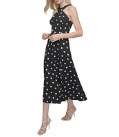 DKNY by Donna Karan Dotted Print Halter Neck Sleeveless A-Line Midi Dress