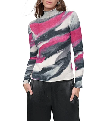 DKNY by Donna Karan Exposed Seam Printed Turtleneck Long Sleeve Sweater