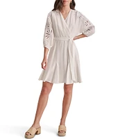 DKNY by Donna Karan Eyelet Surplice Neck 3/4 Sleeve Tie Belt Mini Dress