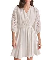 DKNY by Donna Karan Eyelet Surplice Neck 3/4 Sleeve Tie Belt Mini Dress