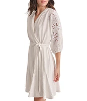 DKNY by Donna Karan Eyelet Surplice Neck 3/4 Sleeve Tie Belt Mini Dress