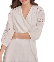 DKNY by Donna Karan Eyelet Surplice Neck 3/4 Sleeve Tie Belt Mini Dress