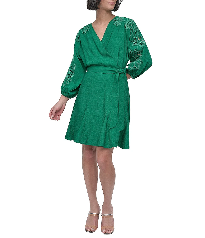 DKNY by Donna Karan Eyelet Surplice Neck 3/4 Sleeve Tie Belt Mini Dress