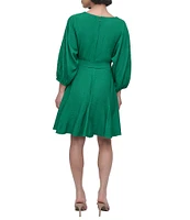 DKNY by Donna Karan Eyelet Surplice Neck 3/4 Sleeve Tie Belt Mini Dress