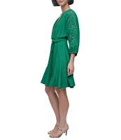 DKNY by Donna Karan Eyelet Surplice Neck 3/4 Sleeve Tie Belt Mini Dress