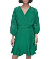 DKNY by Donna Karan Eyelet Surplice Neck 3/4 Sleeve Tie Belt Mini Dress