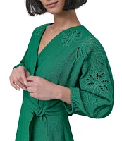 DKNY by Donna Karan Eyelet Surplice Neck 3/4 Sleeve Tie Belt Mini Dress
