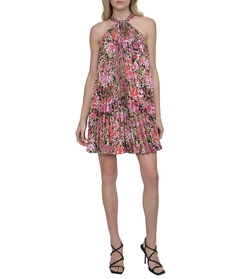 DKNY by Donna Karan Floral Halter Pleated Shift Dress