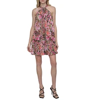 DKNY by Donna Karan Floral Halter Pleated Shift Dress