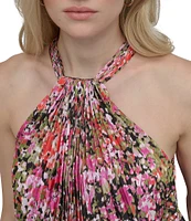 DKNY by Donna Karan Floral Halter Pleated Shift Dress