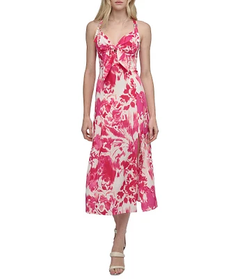 DKNY by Donna Karan Floral Print Bow Front Midi Dress