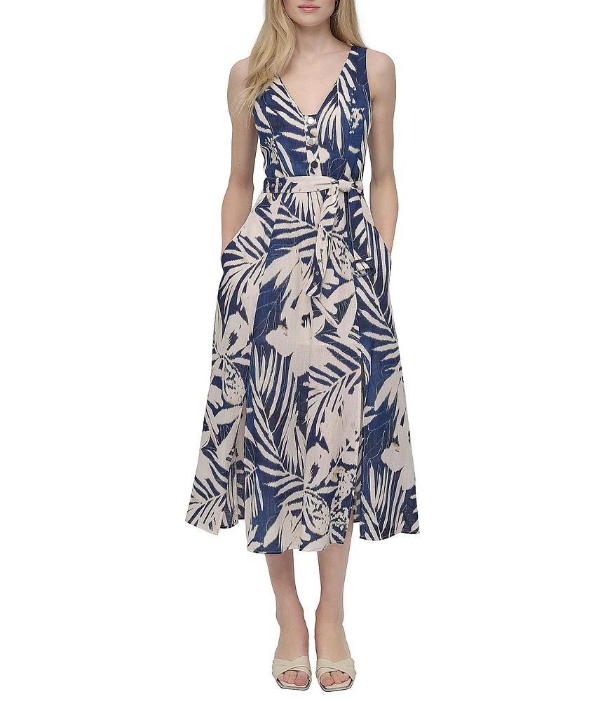 DKNY by Donna Karan Floral Print V-Neck A-Line Midi Dress