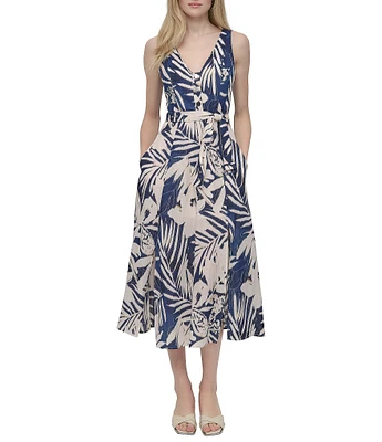 DKNY by Donna Karan Floral Print V-Neck A-Line Midi Dress