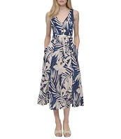 DKNY by Donna Karan Floral Print V-Neck A-Line Midi Dress