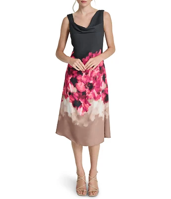 DKNY by Donna Karan Floral Woven Cowl Neck Sleeveless Midi A-Line Dress