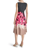 DKNY by Donna Karan Floral Woven Cowl Neck Sleeveless Midi A-Line Dress