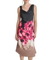 DKNY by Donna Karan Floral Woven Cowl Neck Sleeveless Midi A-Line Dress