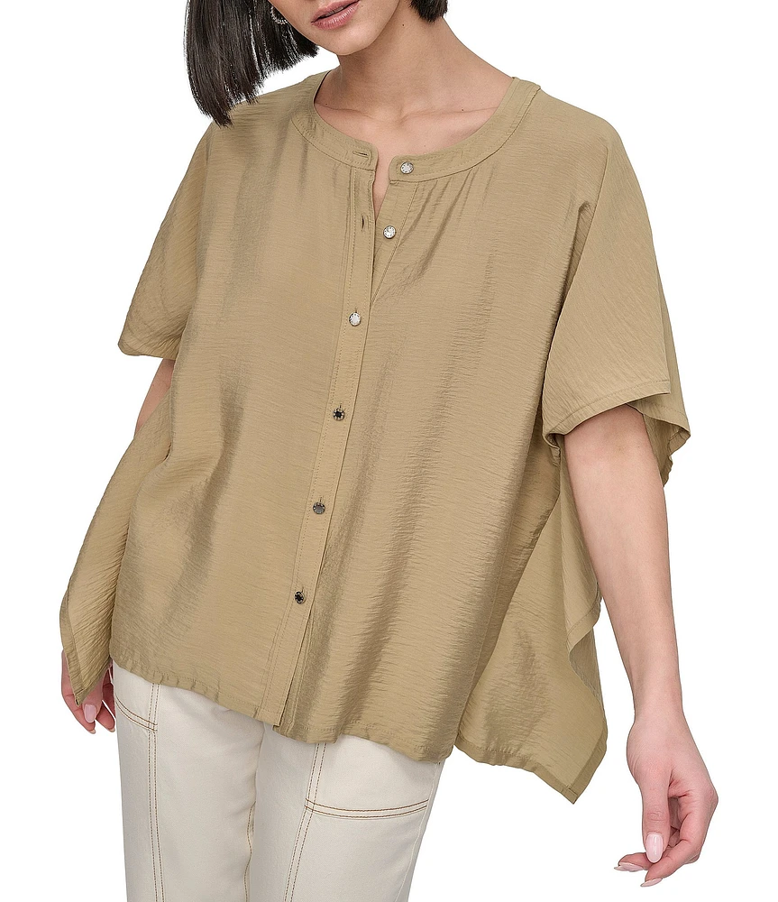 DKNY by Donna Karan Flowy Rumpled Voile Button Front Top