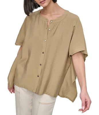 DKNY by Donna Karan Flowy Rumpled Voile Button Front Top