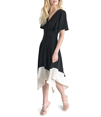 DKNY by Donna Karan Flutter Sleeve Button Front Handkerchief Hem Midi Dress