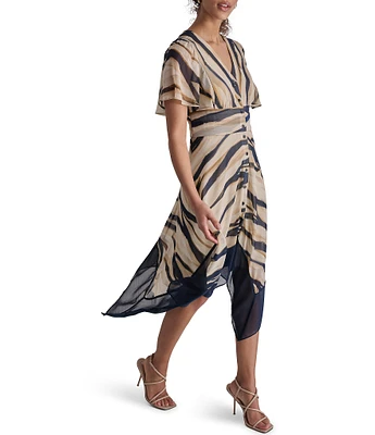 DKNY by Donna Karan Flutter Sleeve Tiger Print Chiffon Handkerchief Hem Midi Dress