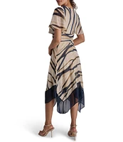 DKNY by Donna Karan Flutter Sleeve Tiger Print Chiffon Handkerchief Hem Midi Dress